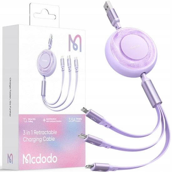 Mcdodo Mcdodo 3V1 Zatahovací Usb Kabel Usb-C Lightning Micro Usb Svítící Fialový