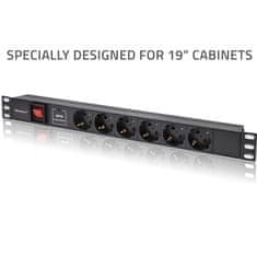 Qoltec Hliníková napájecí lišta PDU pro 19'' rack | 1U | 16A | 6xSCHUKO | 1,8m