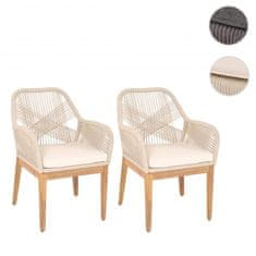 MCW Sada 2 zahradních židlí H56b, křeslo venkovní židle, odolné proti povětrnostním vlivům proutí Lanové dřevo akácie ~ béžové polštáře smetanově bílé