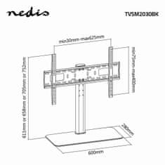 Nedis Pevný stojan na TV stolek | 32-65" | Maximální podporovaná hmotnost obrazovky: 45 kg | Nastavitelné přednastavené výšky | Ocel / Tvrzené sklo | Černá 