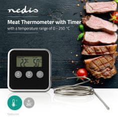Nedis Teploměr na maso | Alarm / Časovač | LCD displej | 0 - 250 °C | Černá / Stříbrná 