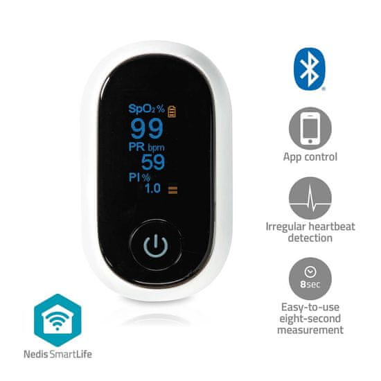 Nedis Měřič kyslíku SmartLife | Bluetooth | OLED displej | Zvukový alarm / Perfuzní index / Pulzní frekvence / Vysoce přesný senzor / Rušení pohybu / Saturace kyslíkem (SpO2) | Bílý