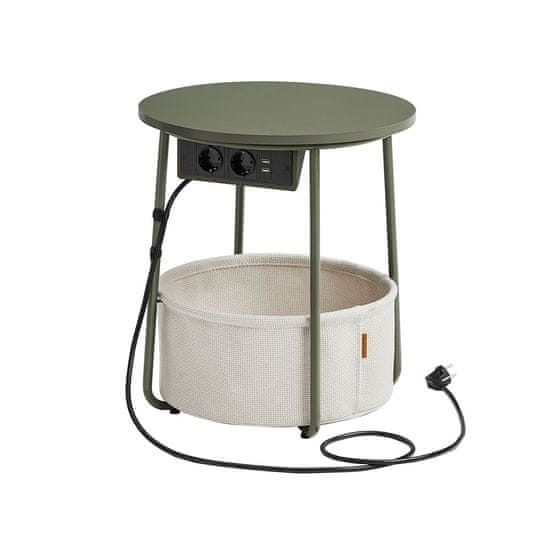 shumee Odkládací stolek, kulatý odkládací stolek s nabíjecí stanicí a látkovým košem, prostorný, do obývacího pokoje, ložnice, noční stolek, moderní styl, lesní zelená a krémově bílá LET228C05