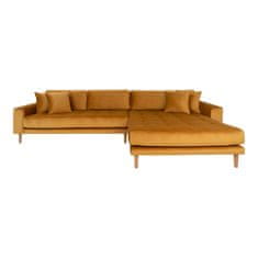 House Nordic Pohovka Lounge Sofa, pravá strana, z hořčicově žlutého sametu se čtyřmi polštáři a nohami z přírodního dřeva, HN1004