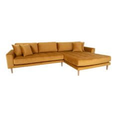 House Nordic Pohovka Lounge Sofa, pravá strana, z hořčicově žlutého sametu se čtyřmi polštáři a nohami z přírodního dřeva, HN1004