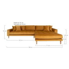 House Nordic Pohovka Lounge Sofa, pravá strana, z hořčicově žlutého sametu se čtyřmi polštáři a nohami z přírodního dřeva, HN1004