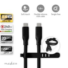 Nedis USB kabel | USB 3.2 Gen 2 | USB-C Hane | USB-C Hane | 240 W | 8K@30Hz | 20 Gbps | Nickelplaterad | 1,00 m | Kulatý | Silikon | Vít | Låda 