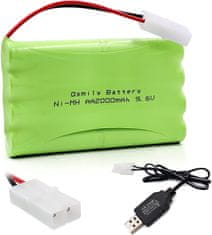 YUNIQUE GREEN-CLEAN Dobíjecí baterie AA 9,6 V 2000 mAh s konektorem Tamiya a USB nabíjecím kabelem - Ideální pro auta, nákladní auta, tanky a lodě RC - 100x57x15 mm - 100 g