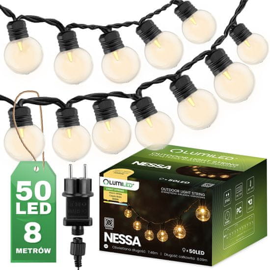 LUMILED Zahradní svítidlo LED světelný řetěz 8m GIRLANDA NESSA s 50x LED dekorativní koule 3000K Teplá bílá