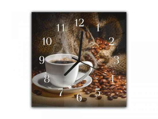 Glasdekor Nástěnné hodiny 30x30cm rozsypaná káva, bílý šálek