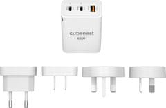 CubeNest cestovní adaptér S3D1, PD,65W, 2x USB-C, 1x USB-A, 4 světové koncovky, bílá