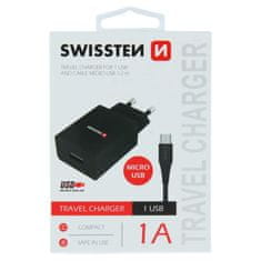 SWISSTEN Swissten Síťový Adaptér Smart Ic 1X Usb 1A Power + Datový Kabel Usb / Micro Usb 1,2 M Černý 8595217464490