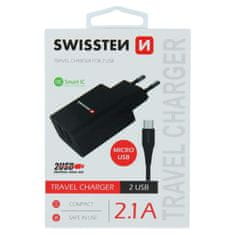 SWISSTEN Swissten Síťový Adaptér Smart Ic 2X Usb 2,1A Power + Datový Kabel Usb / Micro Usb 1,2 M Černý 8595217464391