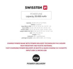 SWISSTEN Swissten Power Line Power Bank 20000 Mah 20W Power Delivery Black 8595217479821