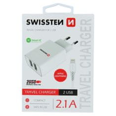 SWISSTEN Swissten Síťový Adaptér Smart Ic 2X Usb 2,1A Power + Datový Kabel Usb / Lightning 1,2 M Bílý 8595217464445