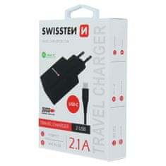 SWISSTEN Swissten Síťový Adaptér Smart Ic 2X Usb 2,1A Power + Datový Kabel Usb / Type C 1,2 M Černý 8595217464414