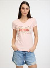 Guess Světle růžové dámské tričko Guess Logo Flowers L