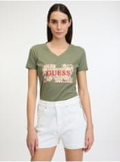 Guess Khaki dámské tričko Guess Logo Flowers S