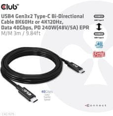 Club 3D kabel USB4 Gen3x2, 8K@60Hz, Power Delivery 240W, 3m, černá