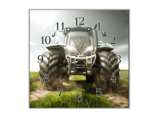 Glasdekor Nástěnné hodiny 30x30cm traktor na polní cestě