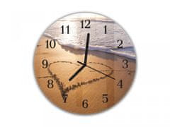Glasdekor Nástěnné hodiny pr.30cm srdce v písku na pláži - Materiál: kalené sklo
