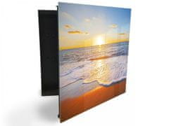 Glasdekor skříňka na klíče - západ slunce u moře s vlnami - Otevírání: Levé, Barva skříňky: Bílá