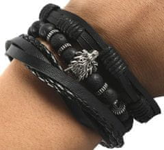 Camerazar Unisex Sada 3 Náramků Punk Black Wolf, Černá a Hnědá, Kůže a Šňůrka, Obvod 15.5-16.5 cm