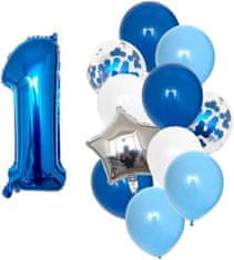 Camerazar Sada 12 modrých a bílých narozeninových balónků s konfetami, latex a fólie, 82 cm
