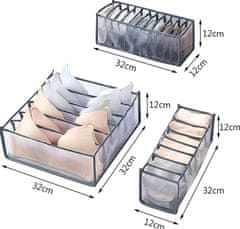 Camerazar Organizér na spodní prádlo do skříně, 3 ks, šedý nylon, rozměry 32x12x12 cm a 32x32x12 cm