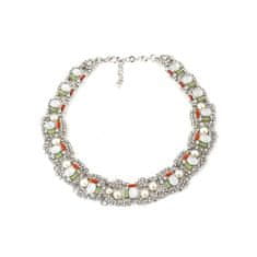 Flor de Cristal Stříbrný náhrdelník zdobený bílými krystaly, perlami a zirkony, maximální délka 50 cm, šířka 2,5 cm