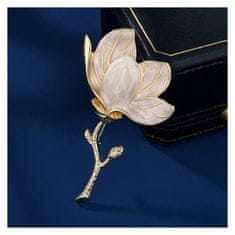 Flor de Cristal Elegantní ozdobná brož s perlovou magnólií, bez niklu a chromu, 4,8 x 8 cm