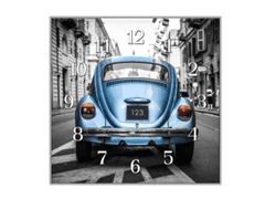 Glasdekor Nástěnné hodiny 30x30cm auto modrý VW brouk - Materiál: kalené sklo
