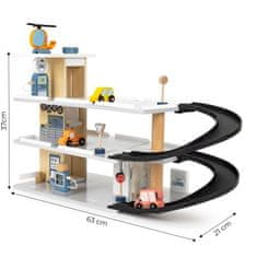 LEBULA Velká dřevěná garáž, parkoviště s výtahem, auta, vrtulník, myčka ECOTOYS