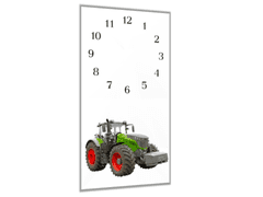 Glasdekor Nástěnné hodiny 30x60cm zelený traktor, bílé pozadí - Materiál: kalené sklo