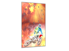 Glasdekor Nástěnné hodiny 30x60cm motocross jezdec v plamenech - Materiál: kalené sklo