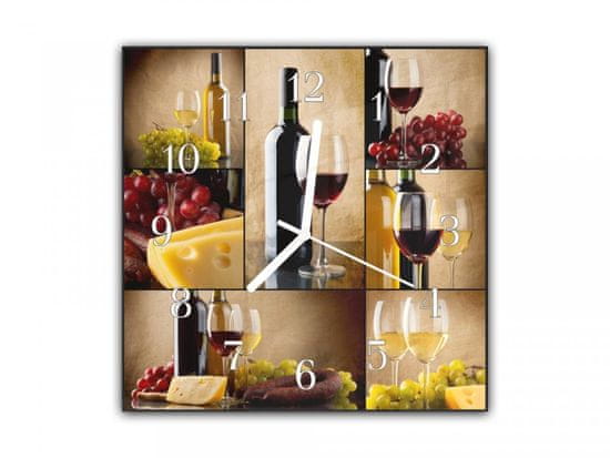 Glasdekor Nástěnné hodiny 30x30cm sklenice, hrozny, láhev víno