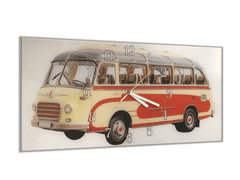 Glasdekor Nástěnné hodiny 30x60cm veterán autobus bílé pozadí - Materiál: kalené sklo