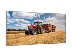 Glasdekor Nástěnné hodiny 30x60cm traktor Case s vlečkou - Materiál: kalené sklo