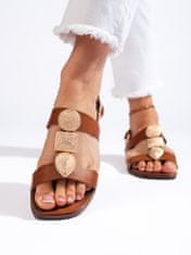 Amiatex Pohodlné hnědé sandály dámské na plochém podpatku + Ponožky Gatta Calzino Strech, Brązowy, 41