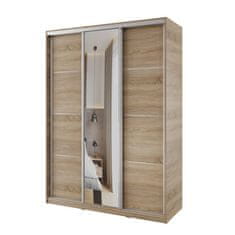 Nejlevnější nábytek Šatní skříň NEJBY BARNABA 150 cm s posuvnými dveřmi, zrcadlem,4 šuplíky, 2 šatními tyčemi,dub sonoma
