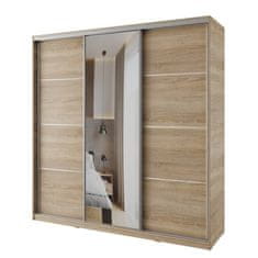 Nejlevnější nábytek Šatní skříň NEJBY BARNABA 200 cm s posuvnými dveřmi,zrcadlem,4 šuplíky a 2 šatními tyčemi,dub sonoma