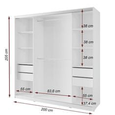 Nejlevnější nábytek Šatní skříň NEJBY BARNABA 200 cm s posuvnými dveřmi, zrcadlem,4 šuplíky a 2 šatními tyčemi,bílý lesk