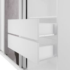 Nejlevnější nábytek Šatní skříň NEJBY BARNABA 250 cm s posuvnými dveřmi, zrcadlem, 4 šuplíky a 2 šatními tyčemi, bílá