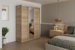 Nejlevnější nábytek Šatní skříň NEJBY BARNABA 150 cm s posuvnými dveřmi, zrcadlem,4 šuplíky, 2 šatními tyčemi,dub sonoma
