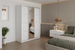 Nejlevnější nábytek Šatní skříň NEJBY BARNABA 150 cm s posuvnými dveřmi, zrcadlem,4 šuplíky a 2 šatními tyčemi,bílý lesk