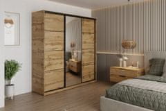 Nejlevnější nábytek Šatní skříň NEJBY BARNABA 200 cm s posuvnými dveřmi, zrcadlem,4 šuplíky a 2 šatními tyčemi,dub wotan