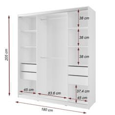 Nejlevnější nábytek Šatní skříň NEJBY BARNABA 180 cm s posuvnými dveřmi, zrcadlem, 4 šuplíky a 2 šatními tyčemi, bílá