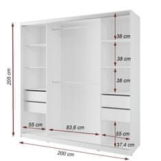 Nejlevnější nábytek Šatní skříň NEJBY BARNABA 200 cm s posuvnými dveřmi, zrcadlem, 4 šuplíky a 2 šatními tyčemi, bílá