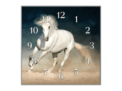 Glasdekor Nástěnné hodiny 30x30cm bílý kůň v prachu - Materiál: kalené sklo