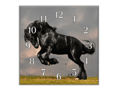 Glasdekor Nástěnné hodiny 30x30cm černý Fríský kůň - Materiál: kalené sklo